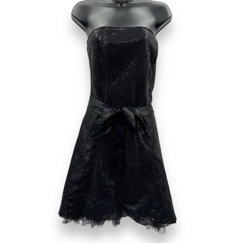 Vintage 80s Jessica McClintock Gunne Sax Black Sequin Tulle Strapless Mini Dress